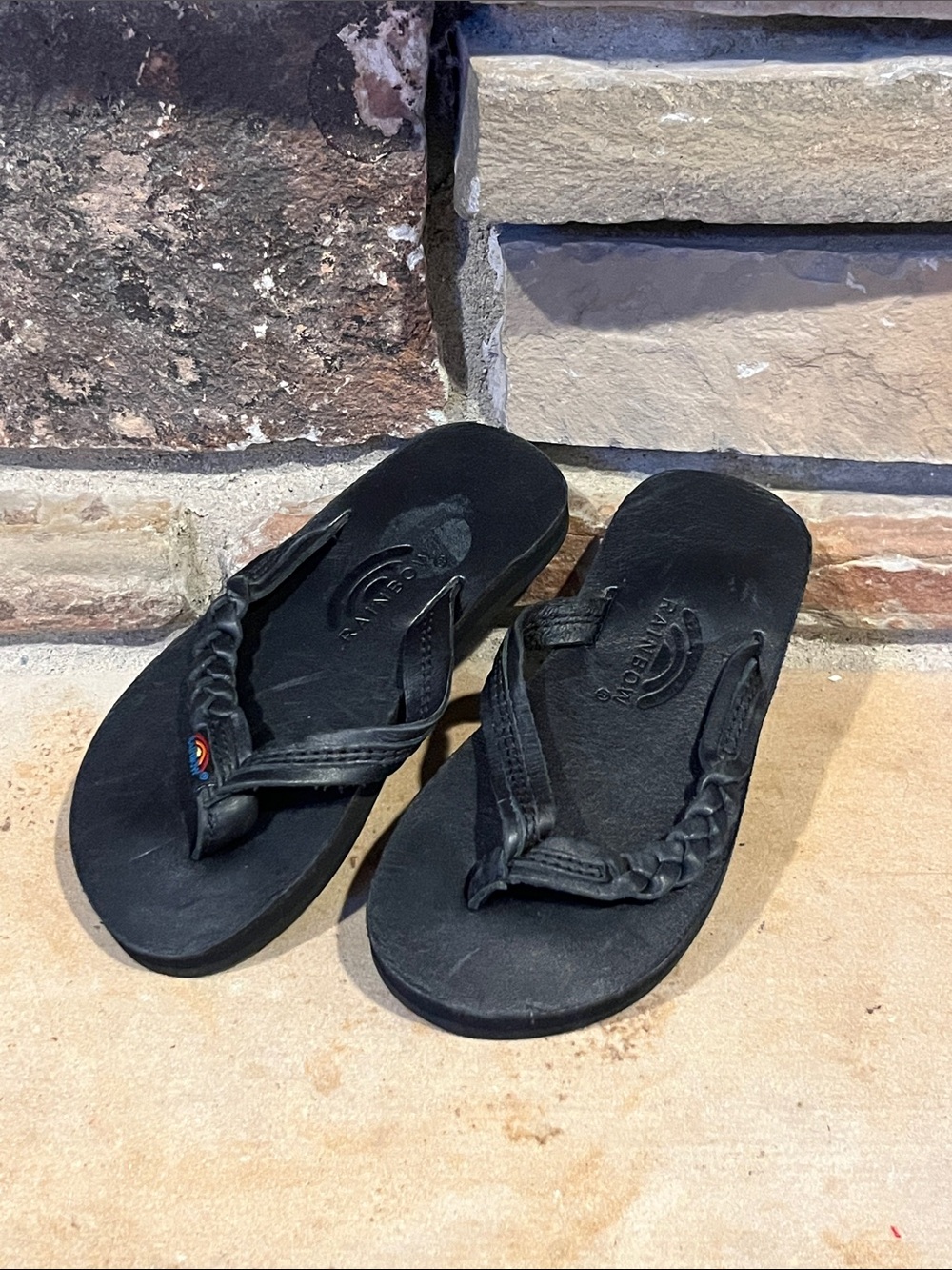 Rainbow Black Braided Leather Strap Flip Flop Sandals